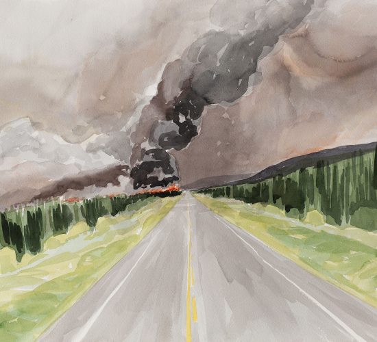 Hindsight is a watercolour landscape of a forest fire along the Alaska Highway in Northern BC.