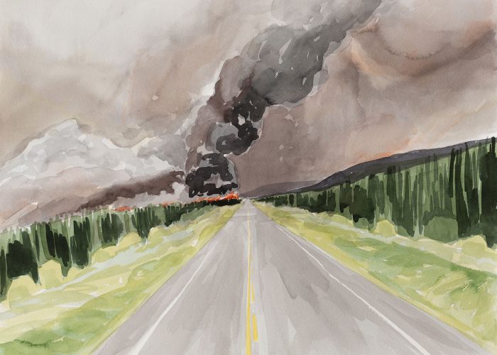 Hindsight is a watercolour landscape of a forest fire along the Alaska Highway in Northern BC.