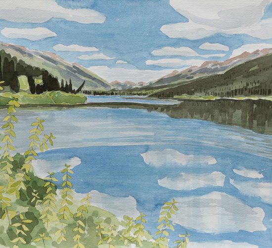 Reverse is a watercolour landscape of Joe Irwin Lake on the Stewart Cassiar Highway in Northern British Columbia