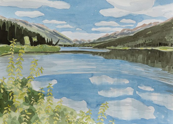 Reverse is a watercolour landscape of Joe Irwin Lake on the Stewart Cassiar Highway in Northern British Columbia