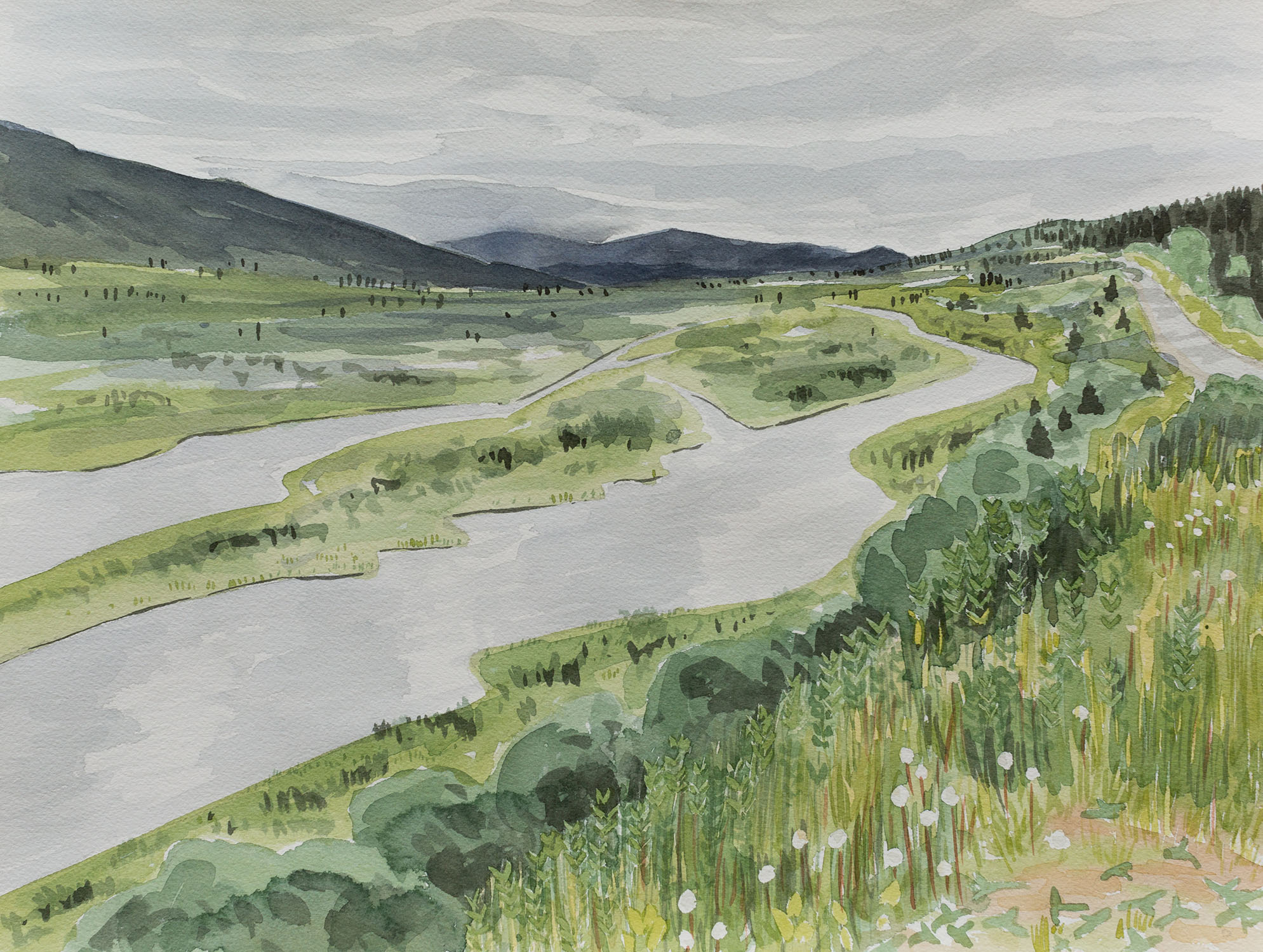 Tailgate Party For Two is a watercolour landscape of Gnat Pass on BC's Stewart Cassiar Highway