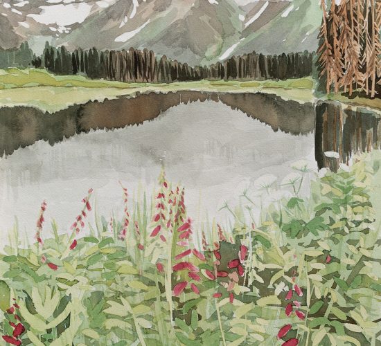 Towards Tomorrow is a watercolour landscape of Mehan Lake along the Stewart Cassiar Highway in BC