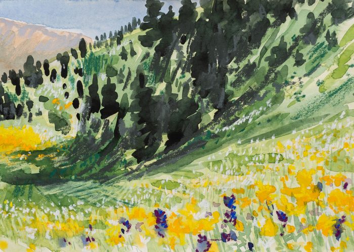 Mountains of Flowers is a watercolour and soft pastel landscape of a wildflower meadow, BC