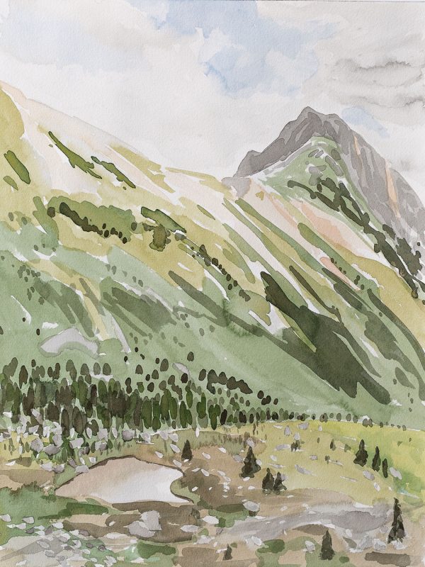 The Land Spoke is a watercolour landscape of the head of the Cotton Wood Drainage in the Northern Stein, BC