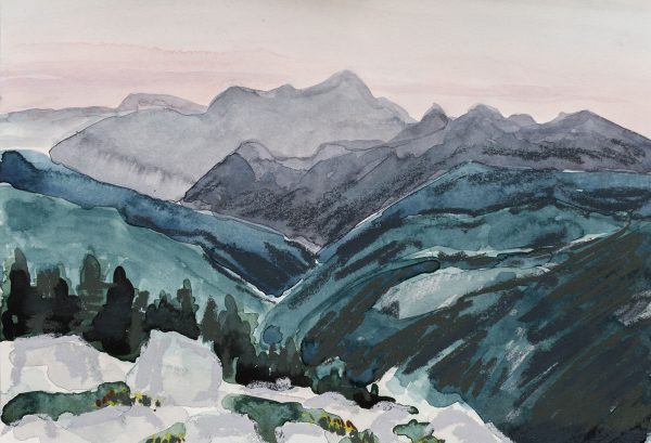 The Second Before Sunrise is a watercolour landscape of the Mountains of Northern Stein Divide at sun rise
