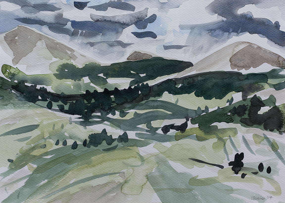 A watercolour landscape of a summer storm over Stone Mountain Provincial Park, BC