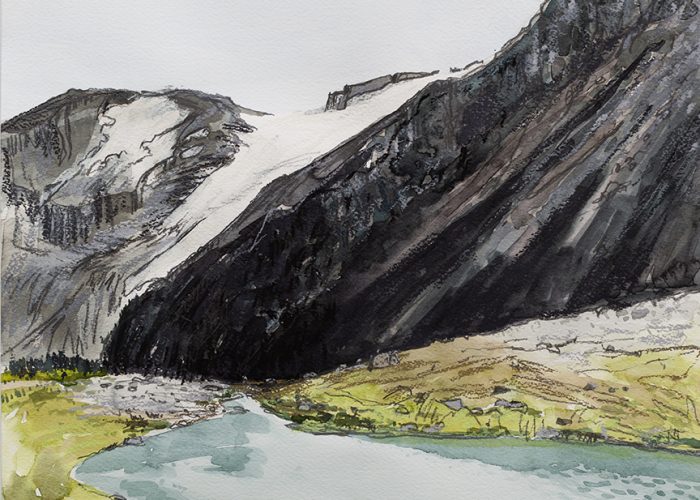 A watercolour landscape of a summer morning at Russet Lake, BC