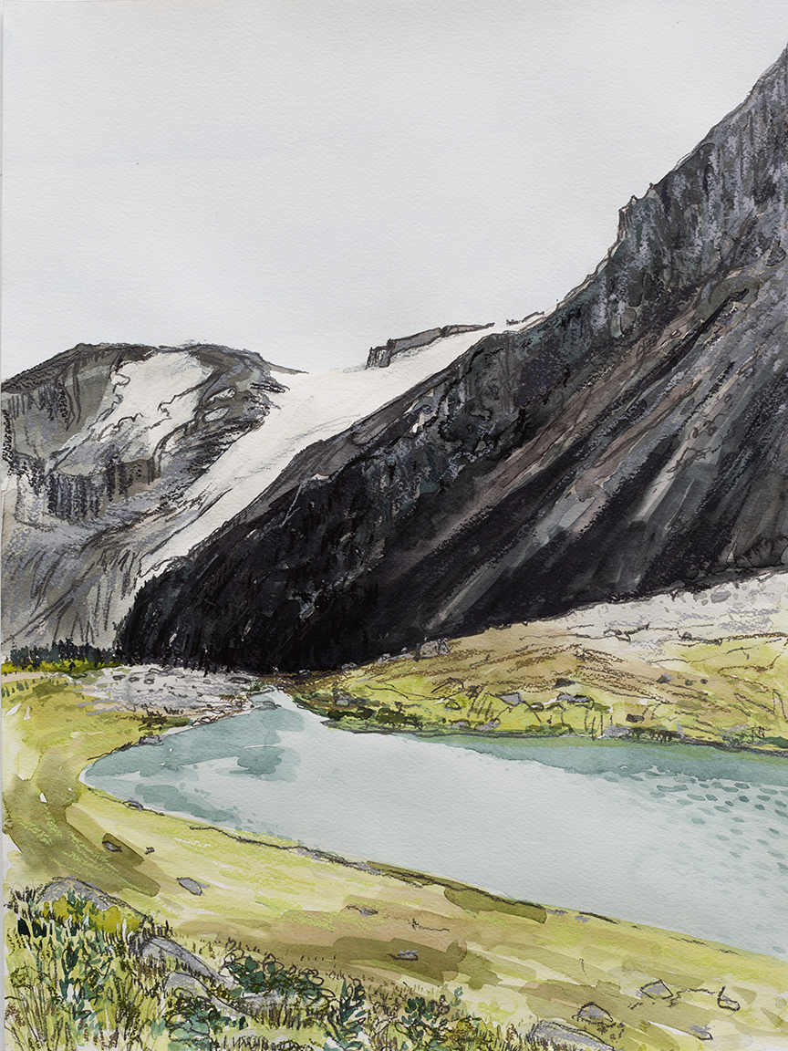 A watercolour landscape of a summer morning at Russet Lake, BC