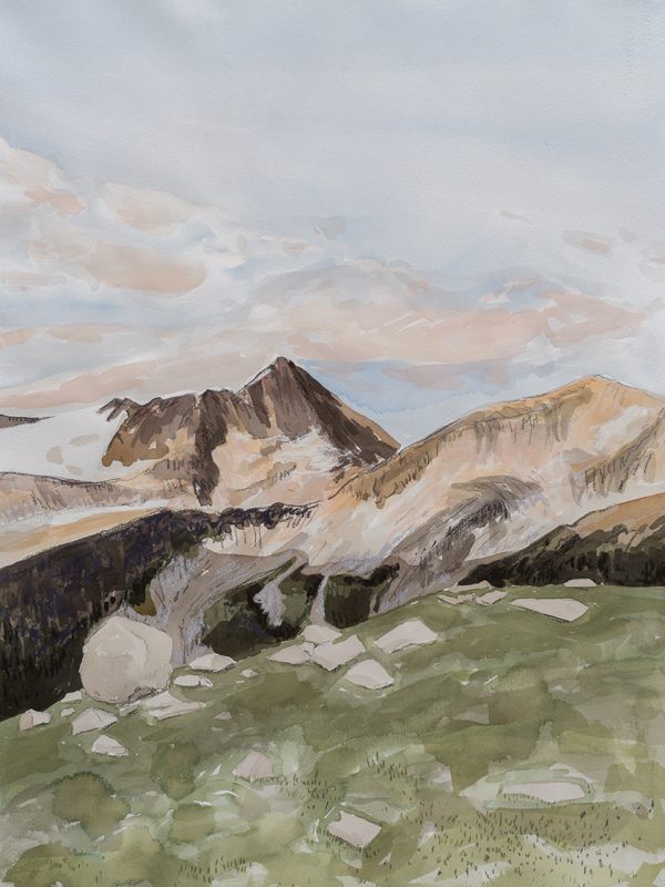 A watercolour landscape of the spearhead range at sunset