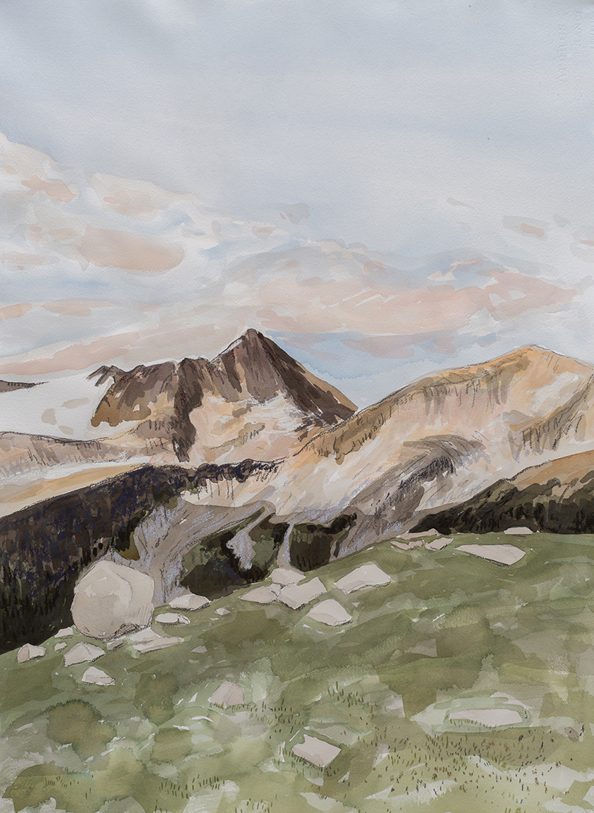 A watercolour landscape of the spearhead range at sunset