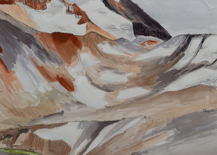 A watercolour landscape of Russet Lake and Whirlwind Peak in BC