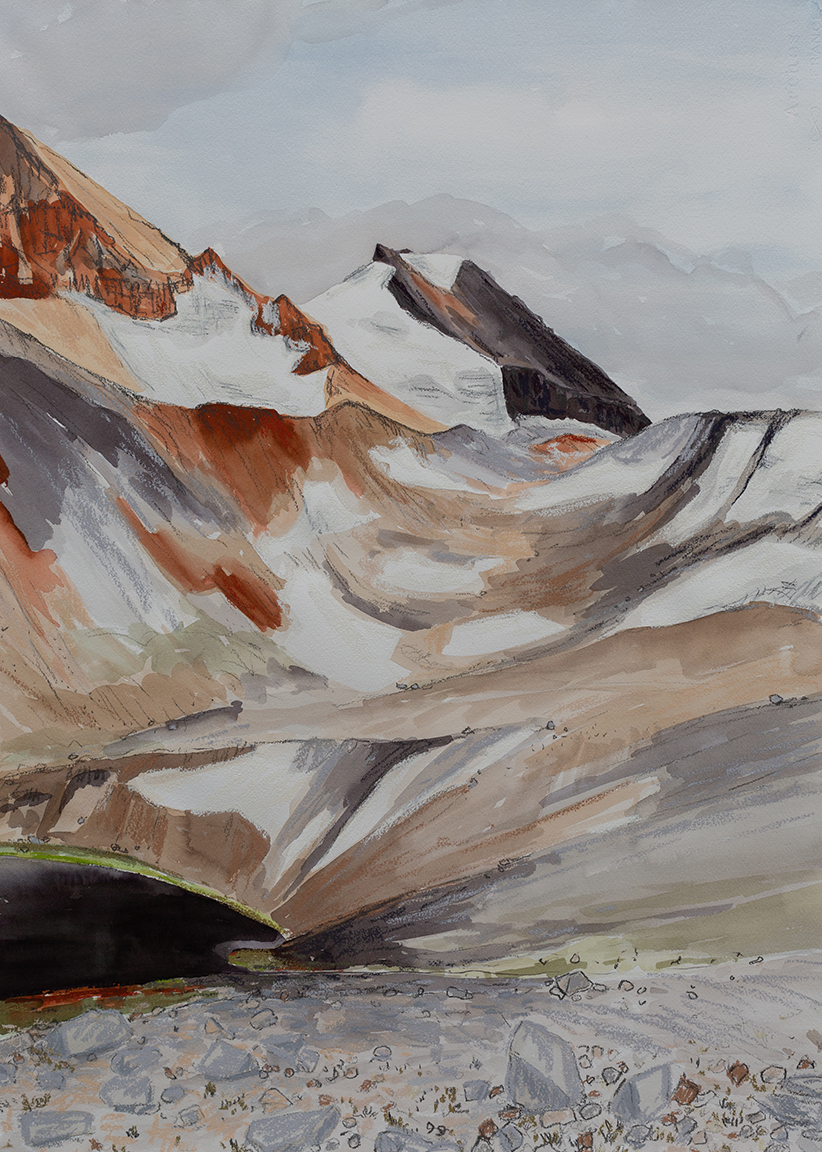 A watercolour landscape of Russet Lake and Whirlwind Peak in BC
