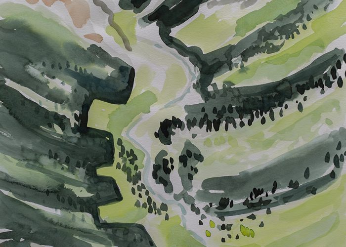 A watercolour landscape of the Noel Creek Valley in BC
