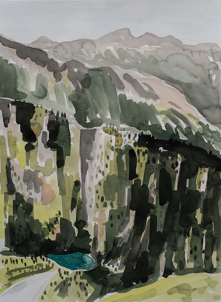 A watercolour landscape of lower Ault Lake, BC