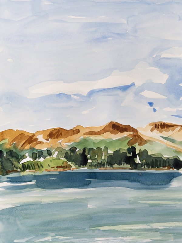 A summer watercolour landscape of Boya Lake in BC