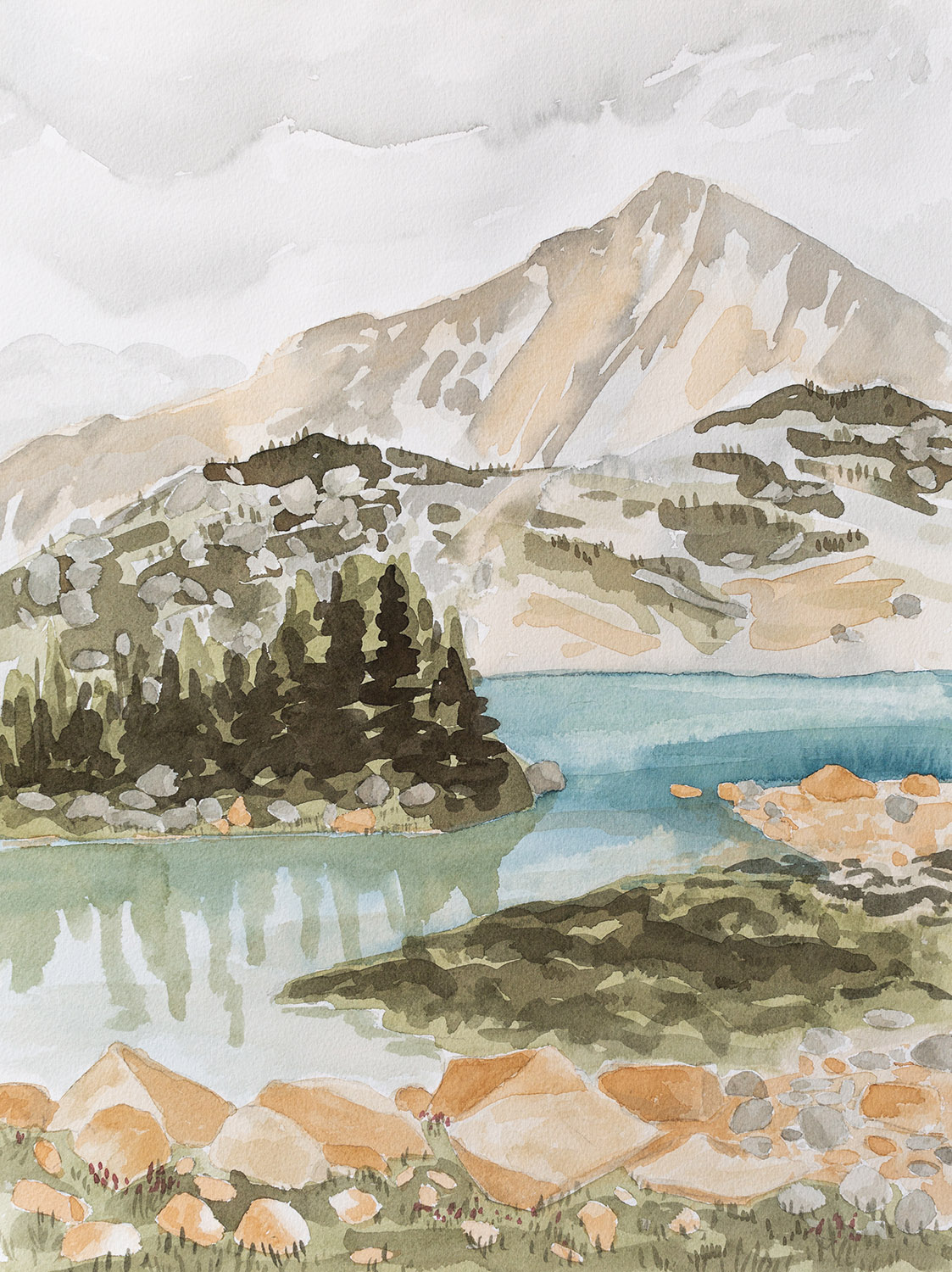 Home Hunting is a watercolour landscape of a lake on the edge of the alpine, BC